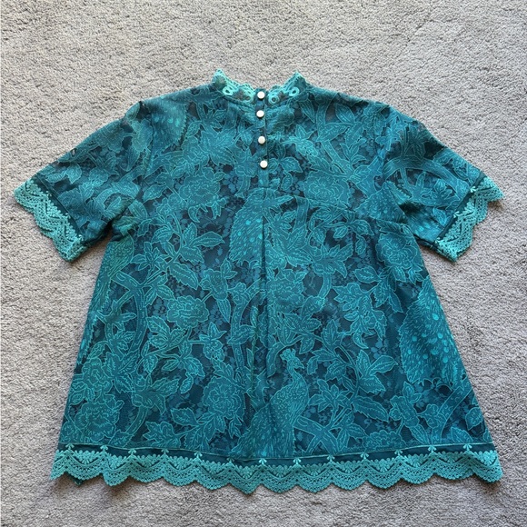 Anthropologie HD in Paris stunning pre-owned, embroidered, teal, lace blouse. - Picture 2 of 8